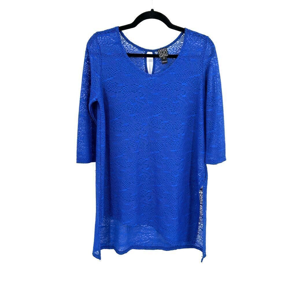 CLARA SUN WOO Bright Royal Blue Open Knit Asymmetrical Pullover Top Size XS